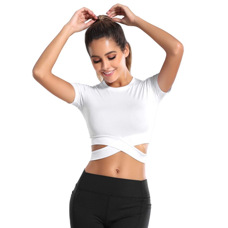 DREAM SLIM Short Sleeve Crop Tops for Women Tummy Cross Fitted Yoga Gym Tops Lightweight Workout Cropped Tank Top (White, L) - Image 1